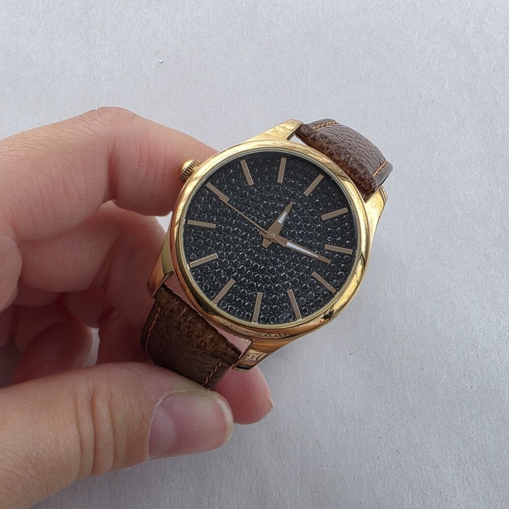 Bronzo Italia Black Spinel Stone Dial Bronze Yellow Gold Watch Leather Band New